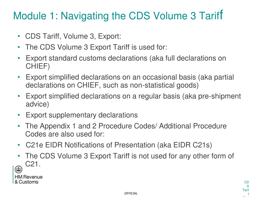 module 1 navigating the cds volume 3 tarif f