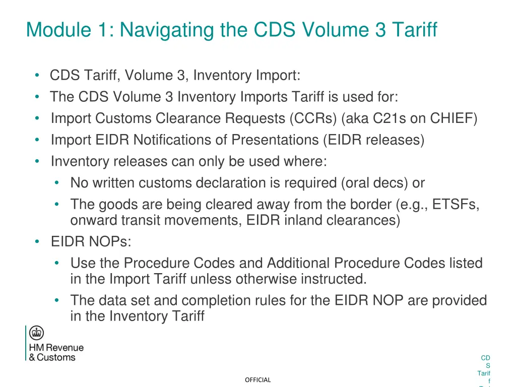 module 1 navigating the cds volume 3 tariff 3