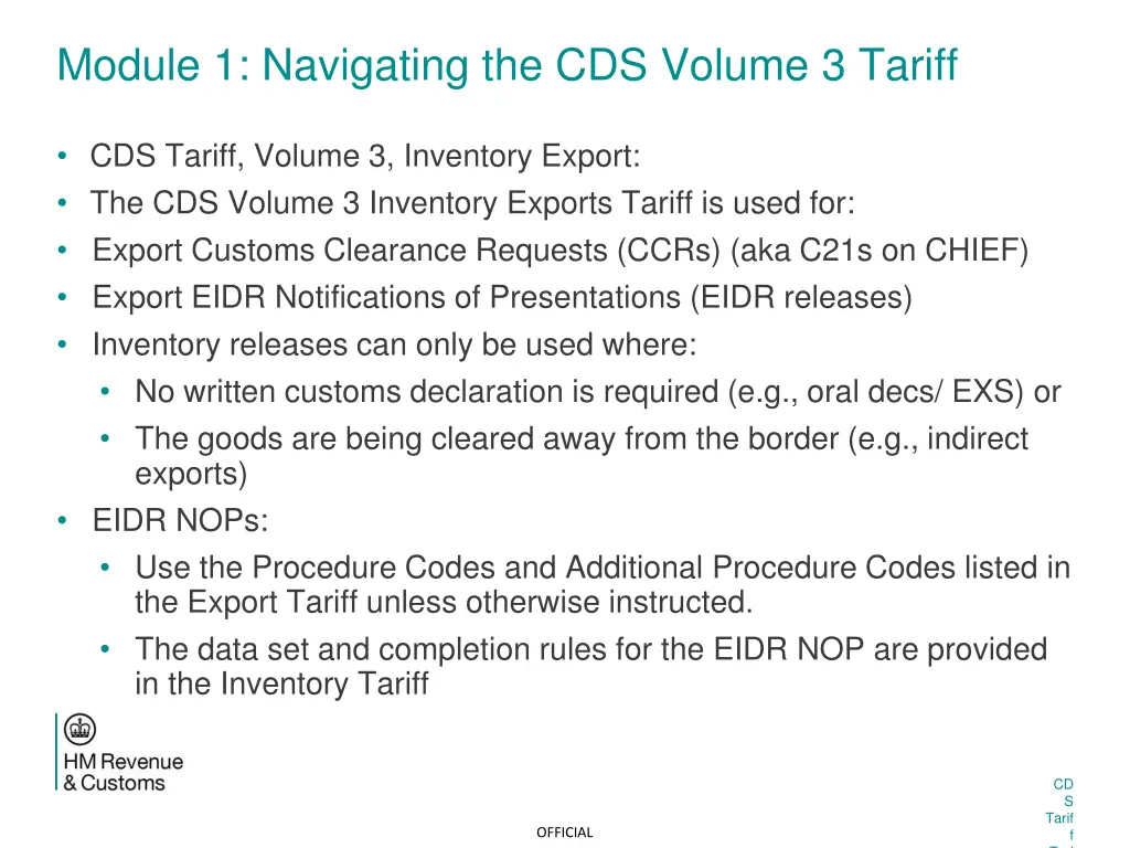 module 1 navigating the cds volume 3 tariff 4