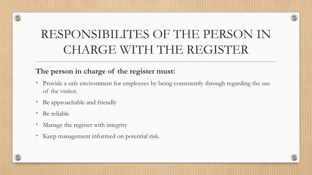 responsibilites of the person in charge with