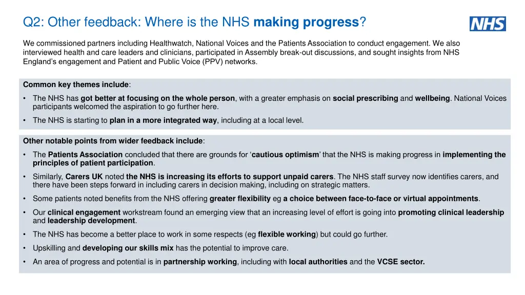 q2 other feedback where is the nhs making progress