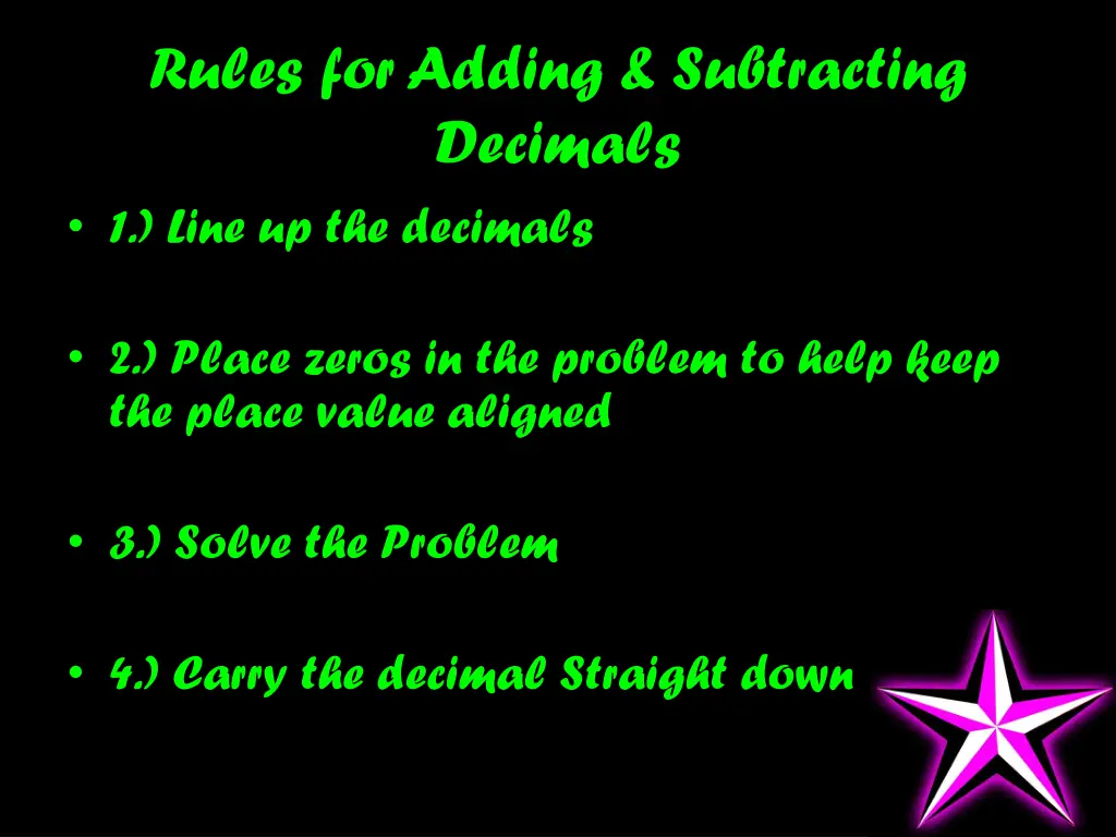 rules for adding subtracting decimals 1 line