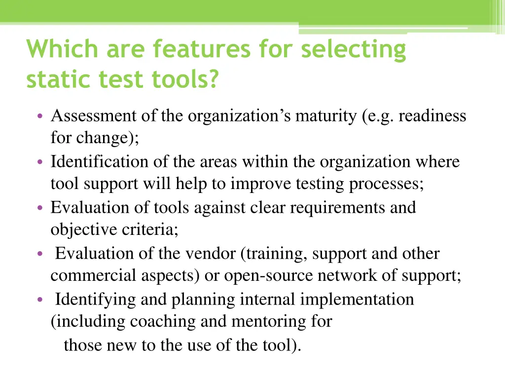 which are features for selecting static test tools