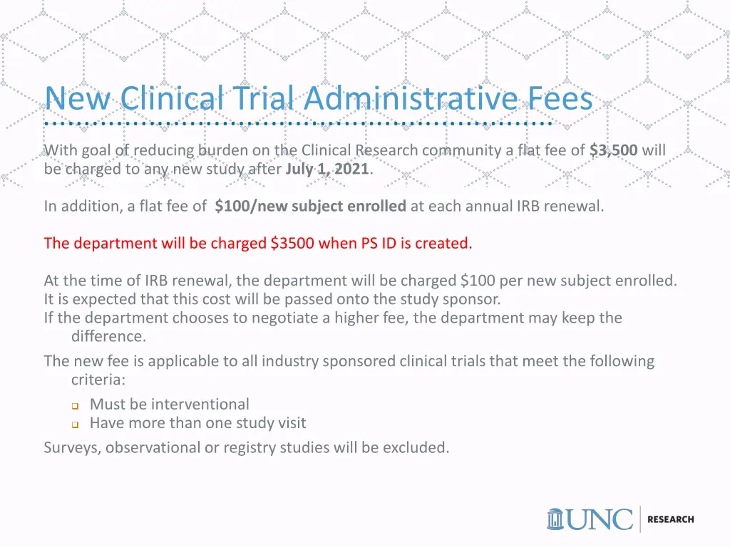 new clinical trial administrative fees