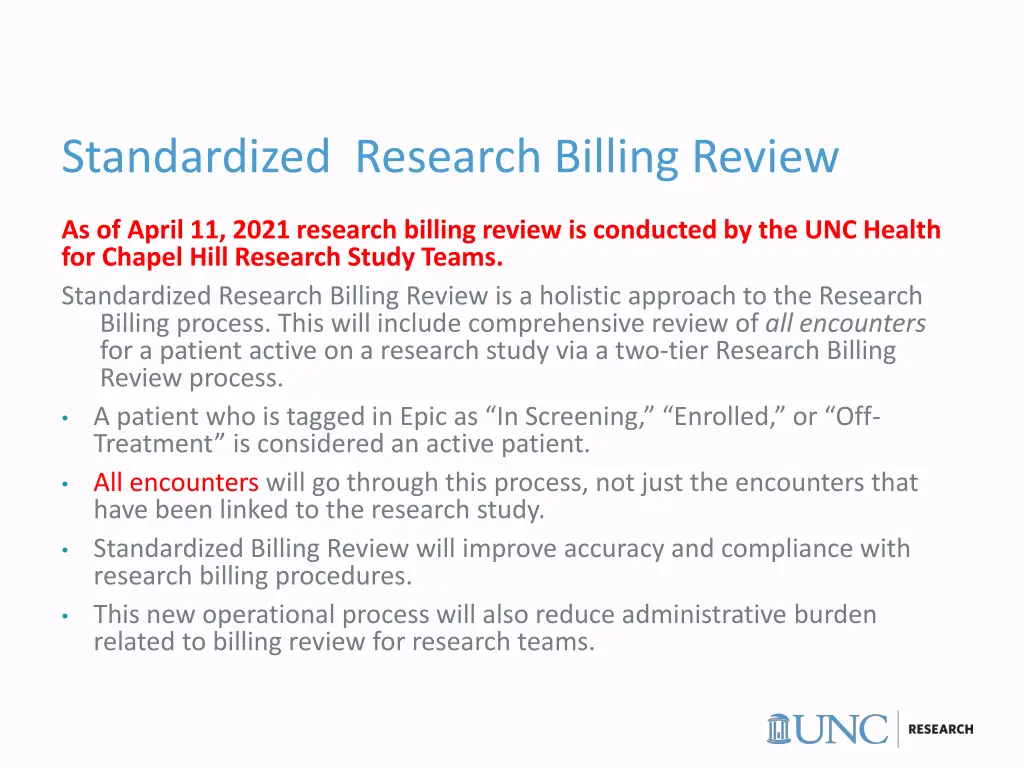 standardized research billing review