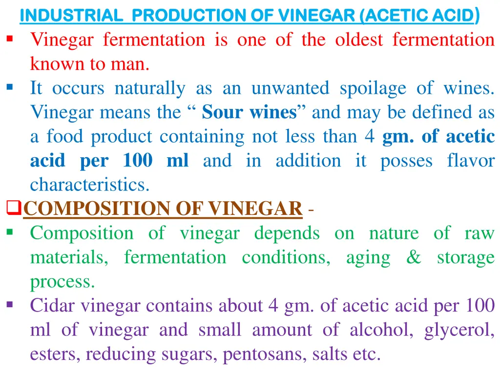 industrial production of vinegar acetic acid