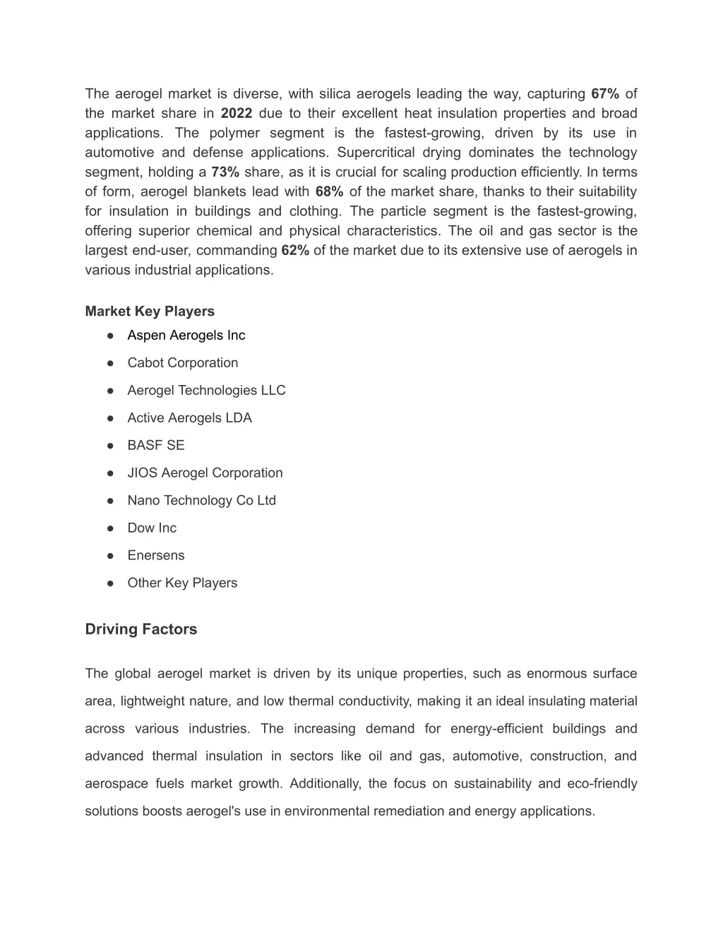 the aerogel market is diverse with silica