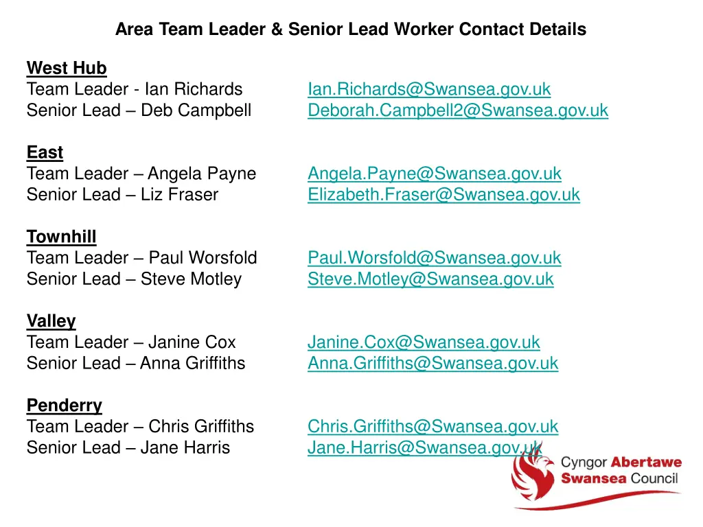 area team leader senior lead worker contact