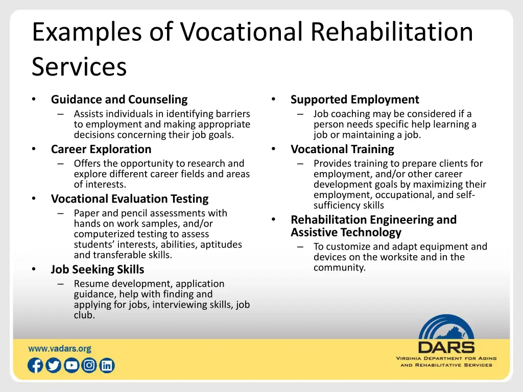 examples of vocational rehabilitation services