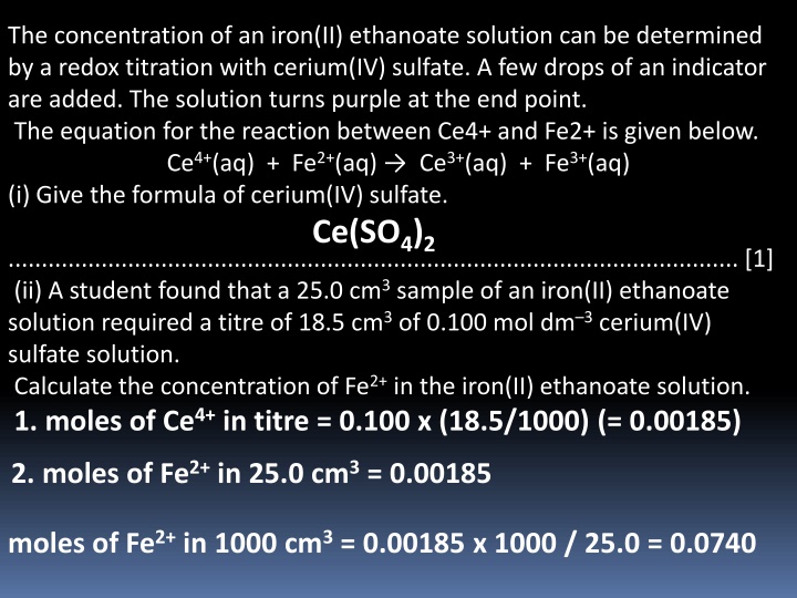 the concentration of an iron ii ethanoate