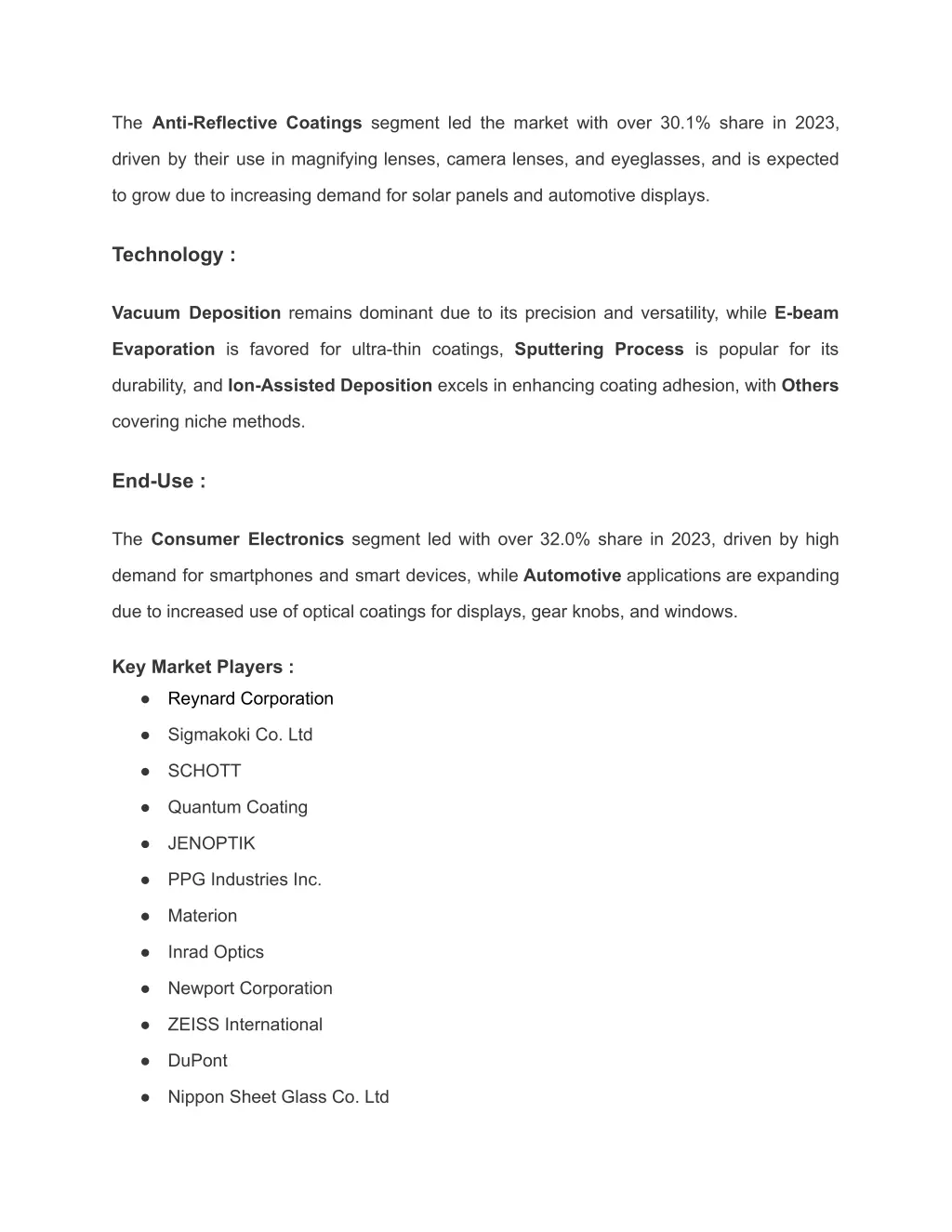 the anti reflective coatings segment