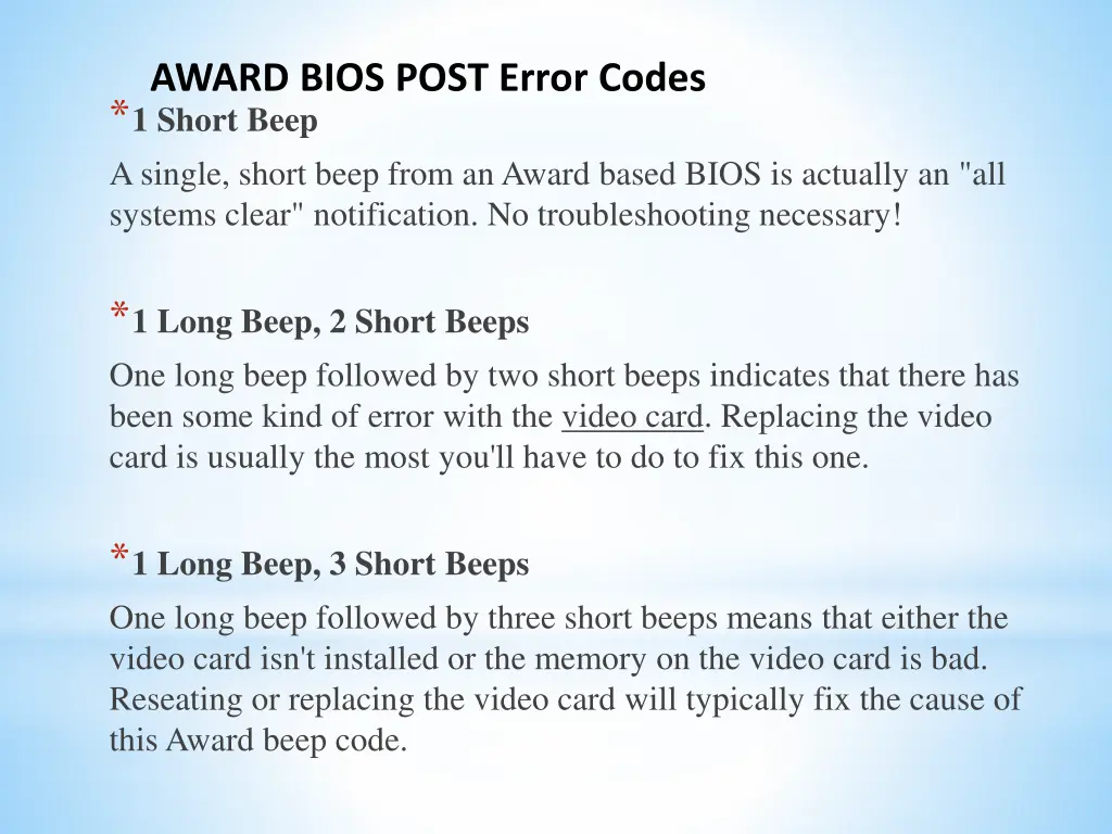 award bios post error codes