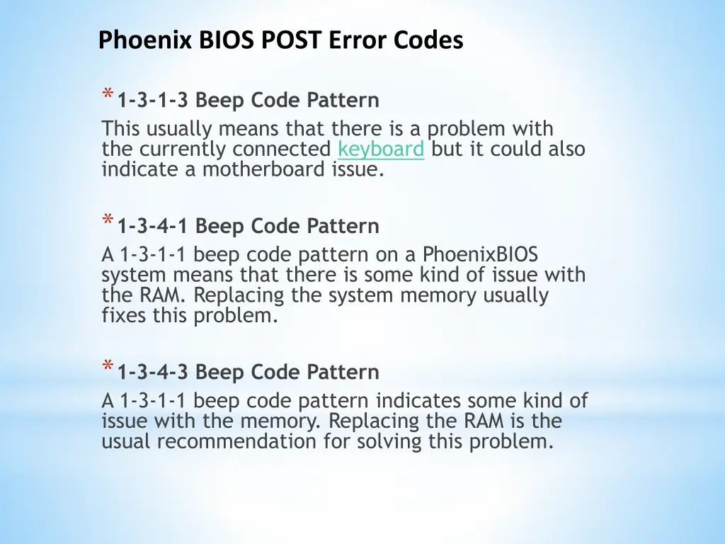 phoenix bios post error codes 1