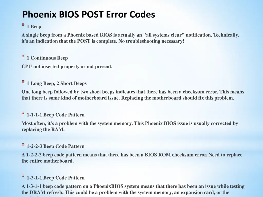 phoenix bios post error codes