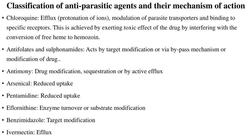 classification of anti parasitic agents and their