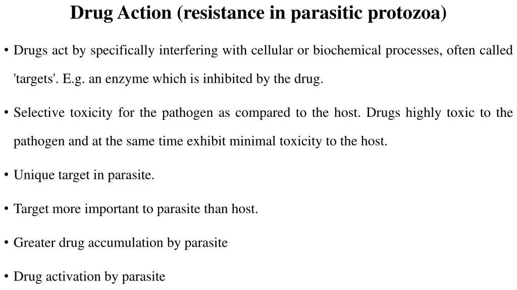 drug action resistance in parasitic protozoa