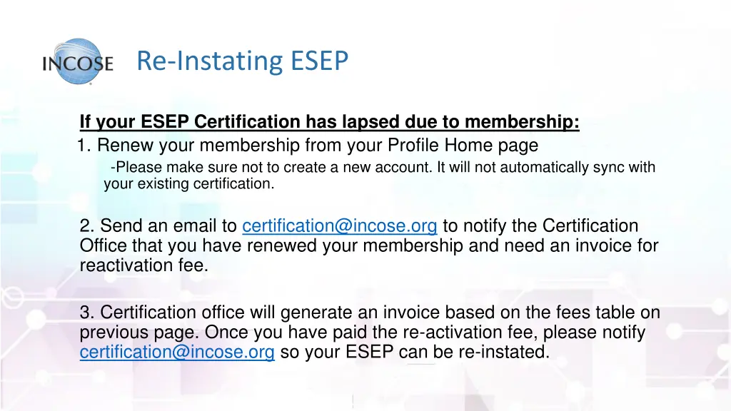 re instating esep 1