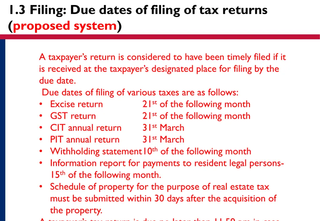 1 3 filing due dates of filing of tax returns 1