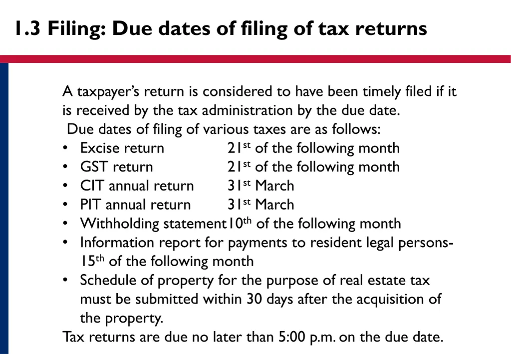 1 3 filing due dates of filing of tax returns