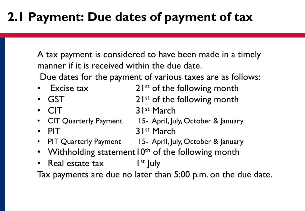 2 1 payment due dates of payment of tax