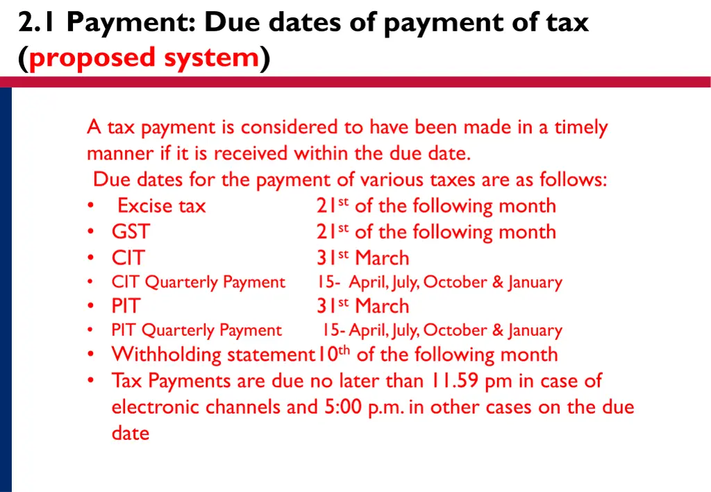 2 1 payment due dates of payment of tax proposed