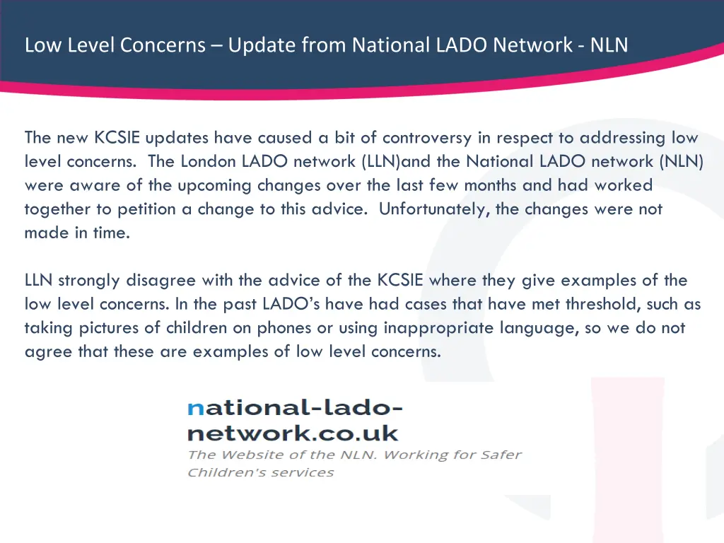 low level concerns update from national lado