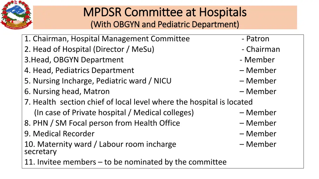 mpdsr committee at hospitals mpdsr committee