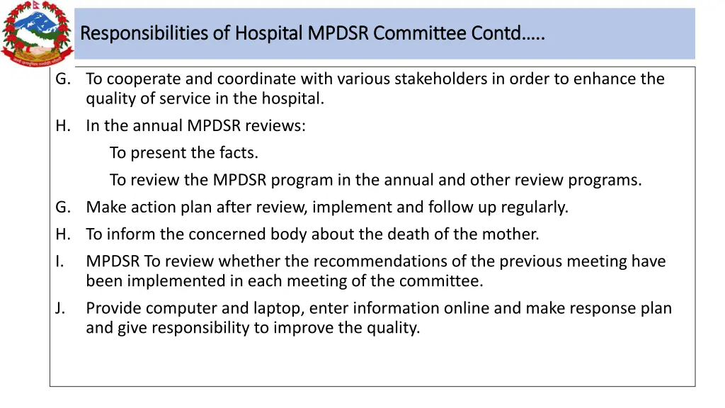 responsibilities of hospital mpdsr committee 1