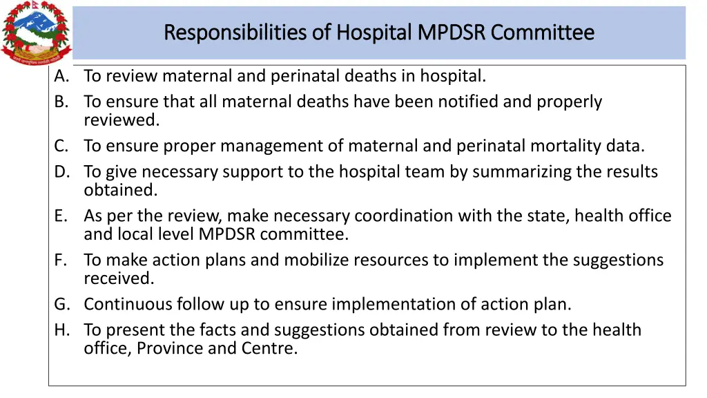 responsibilities of hospital mpdsr committee