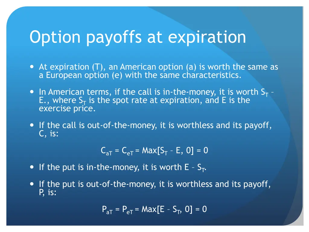 option payoffs at expiration