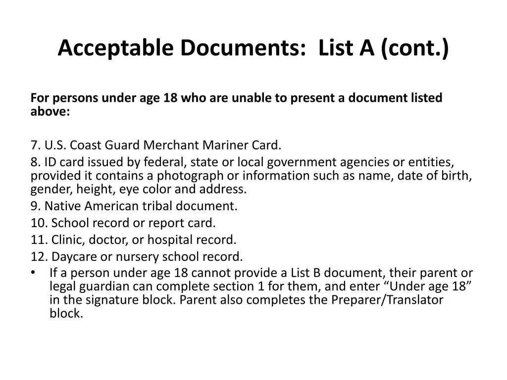 acceptable documents list a cont