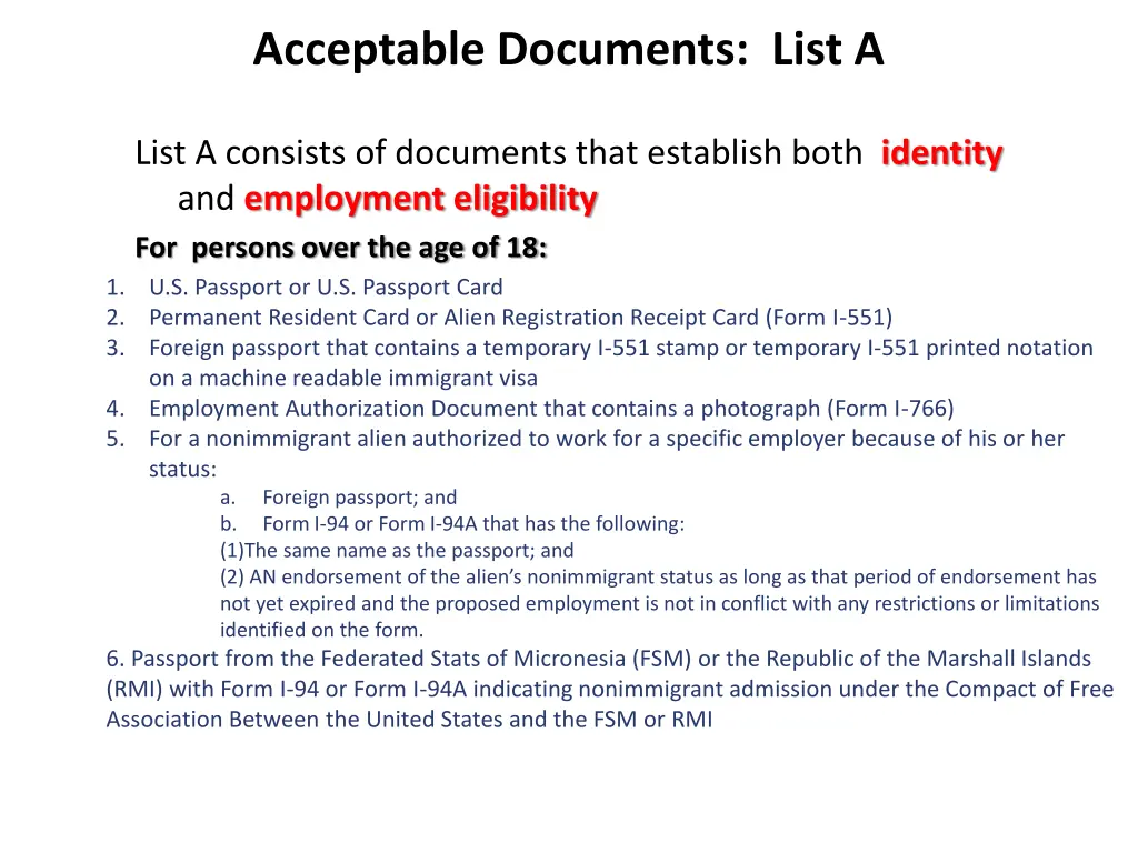 acceptable documents list a