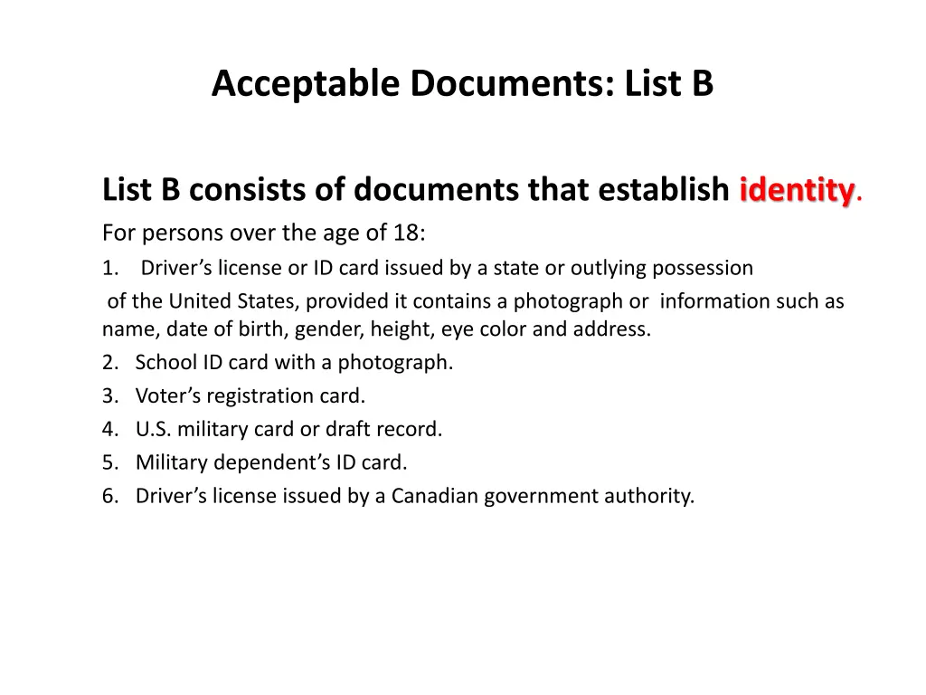 acceptable documents list b