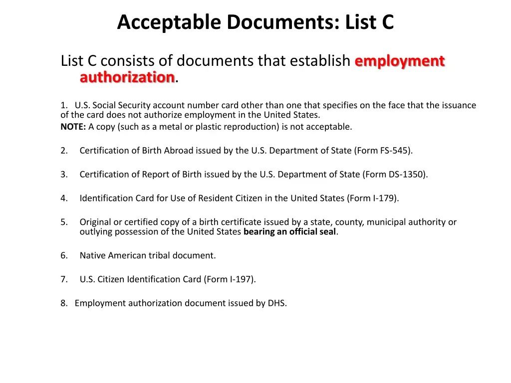 acceptable documents list c