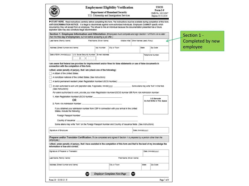 section 1 completed by new employee