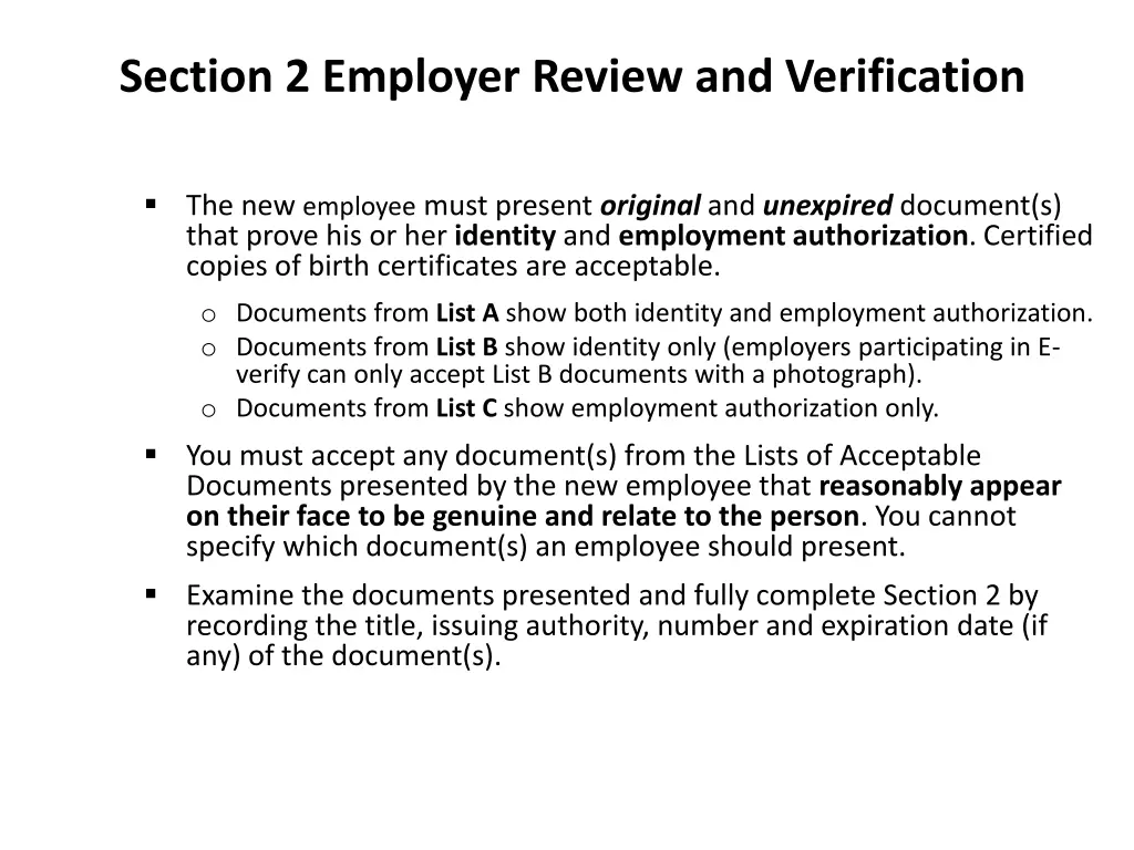 section 2 employer review and verification