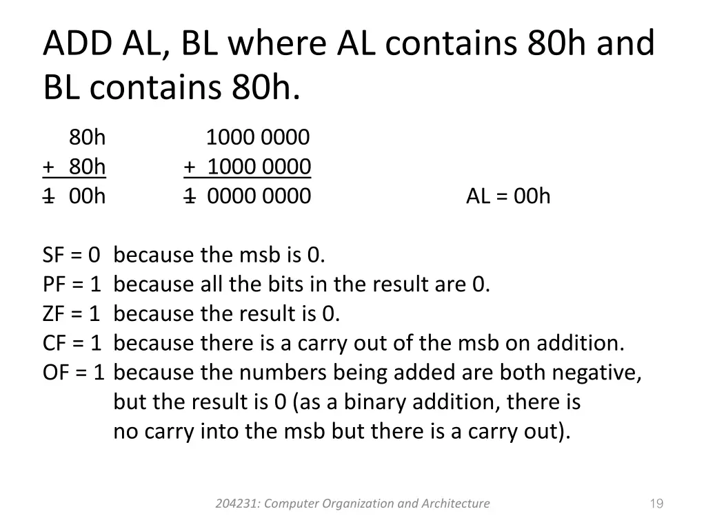 add al bl where al contains 80h and bl contains