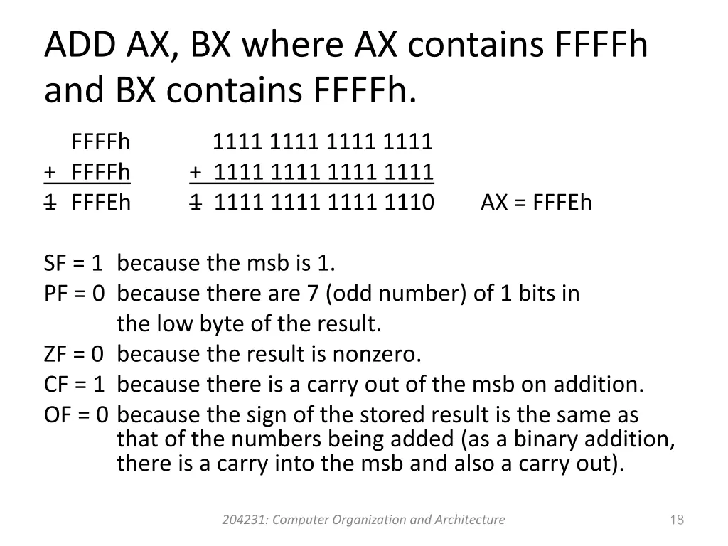 add ax bx where ax contains ffffh and bx contains