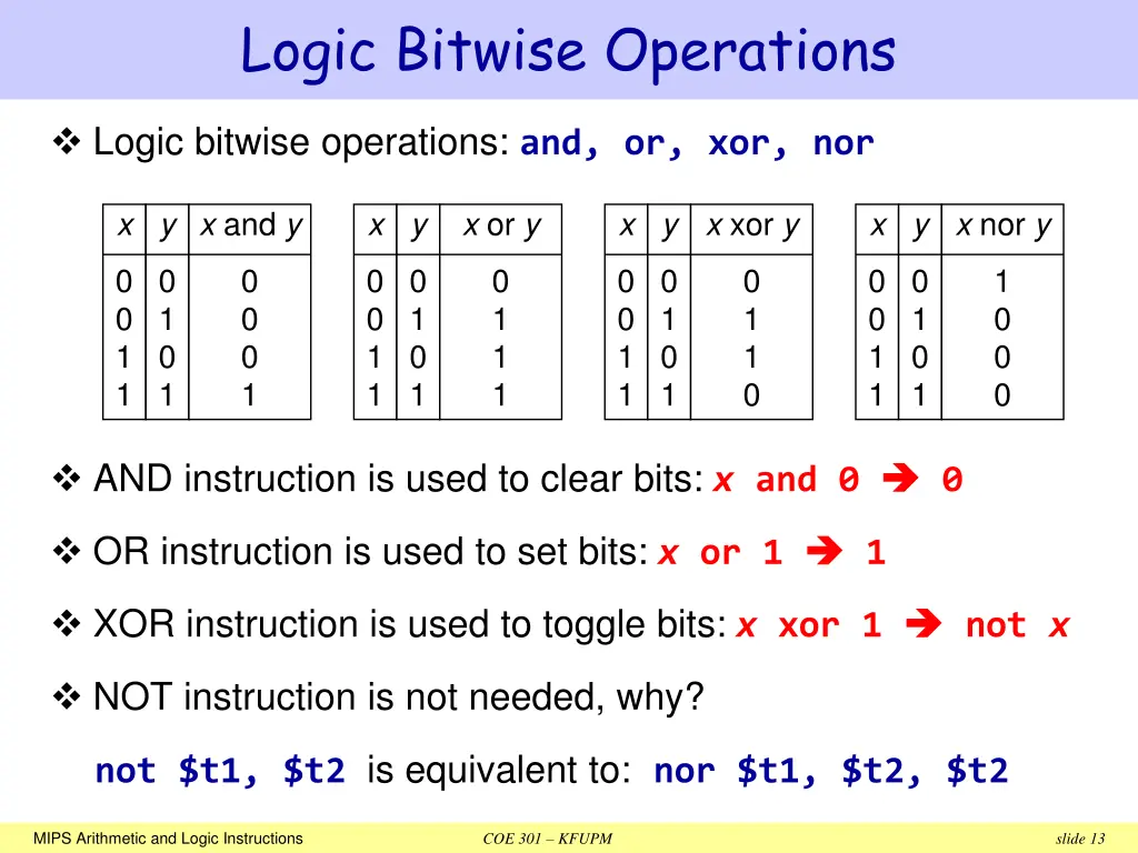 logic bitwise operations