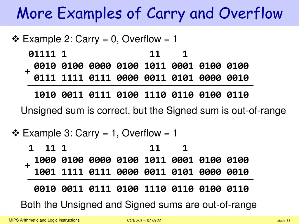 more examples of carry and overflow