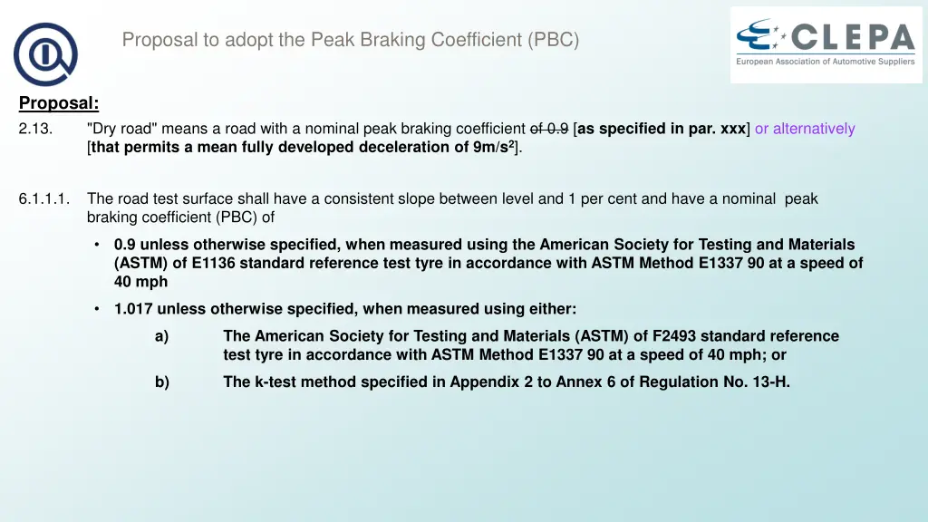 proposal to adopt the peak braking coefficient pbc 2