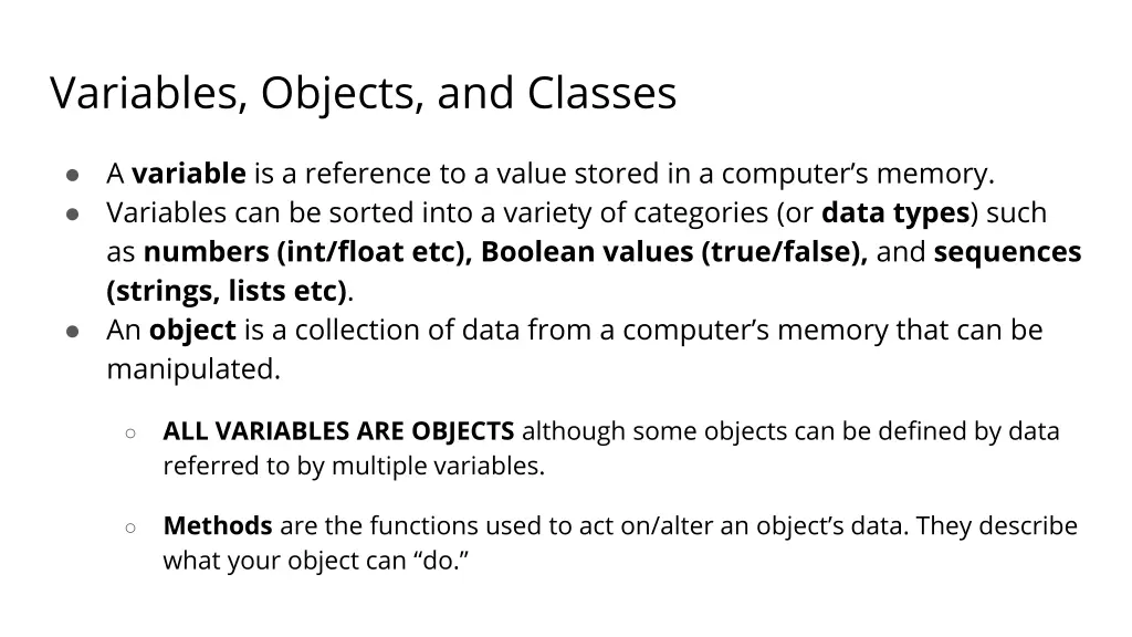 variables objects and classes