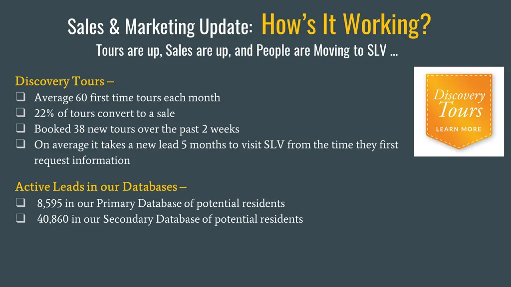 sales marketing update how s it working tours