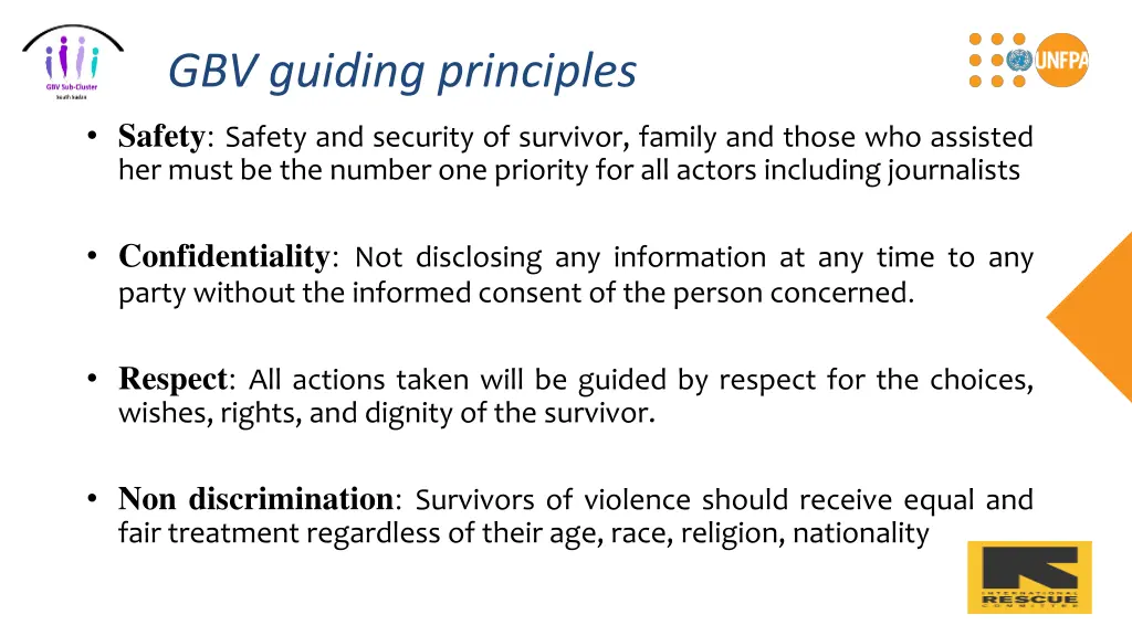 gbv guiding principles safety safety and security