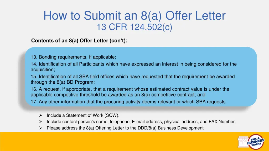 how to submit an 8 a offer letter 13 cfr 124 502 c 1