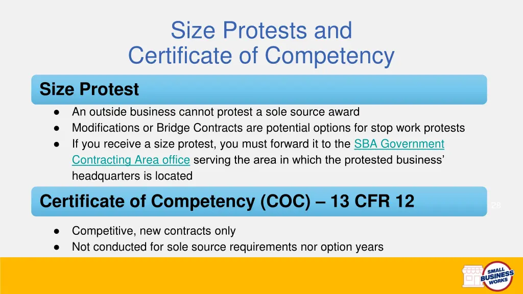 size protests and certificate of competency