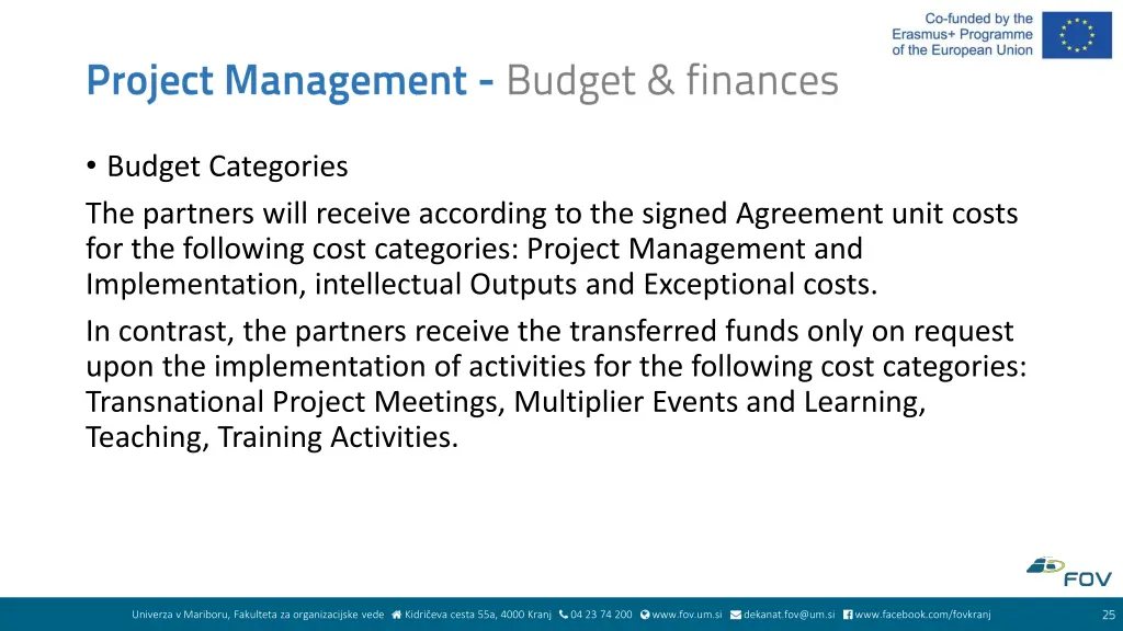 budget categories the partners will receive