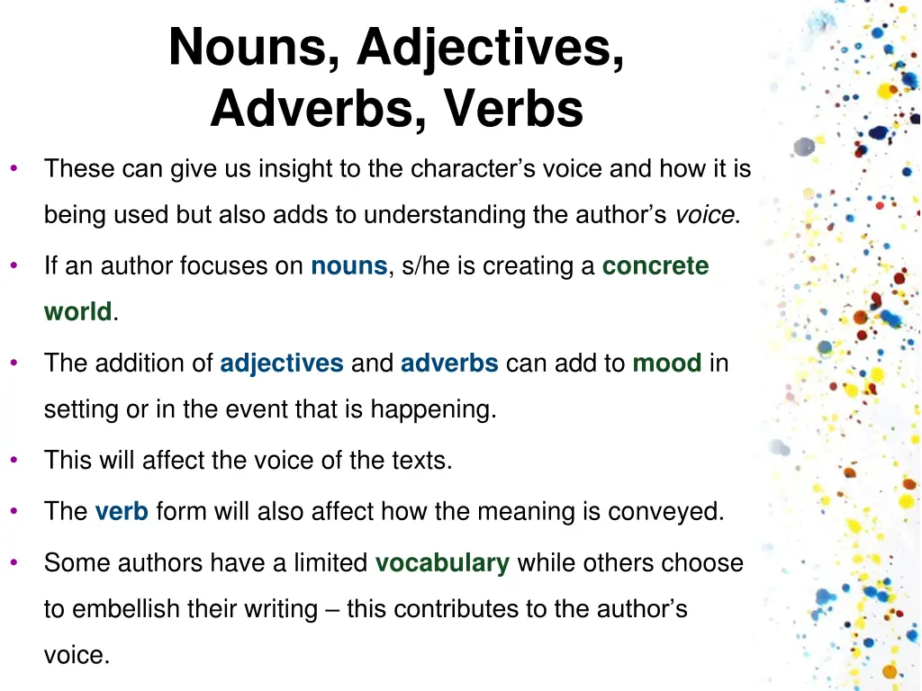 nouns adjectives adverbs verbs