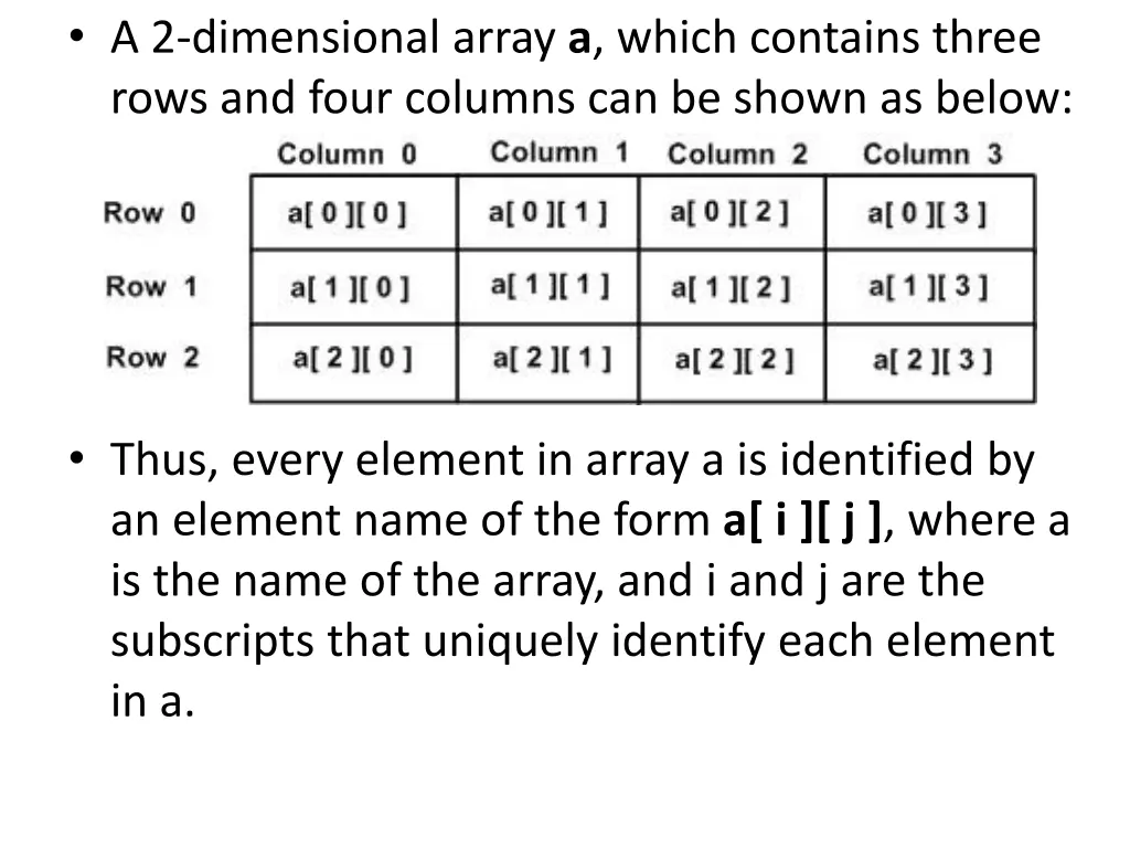 a 2 dimensional array a which contains three rows