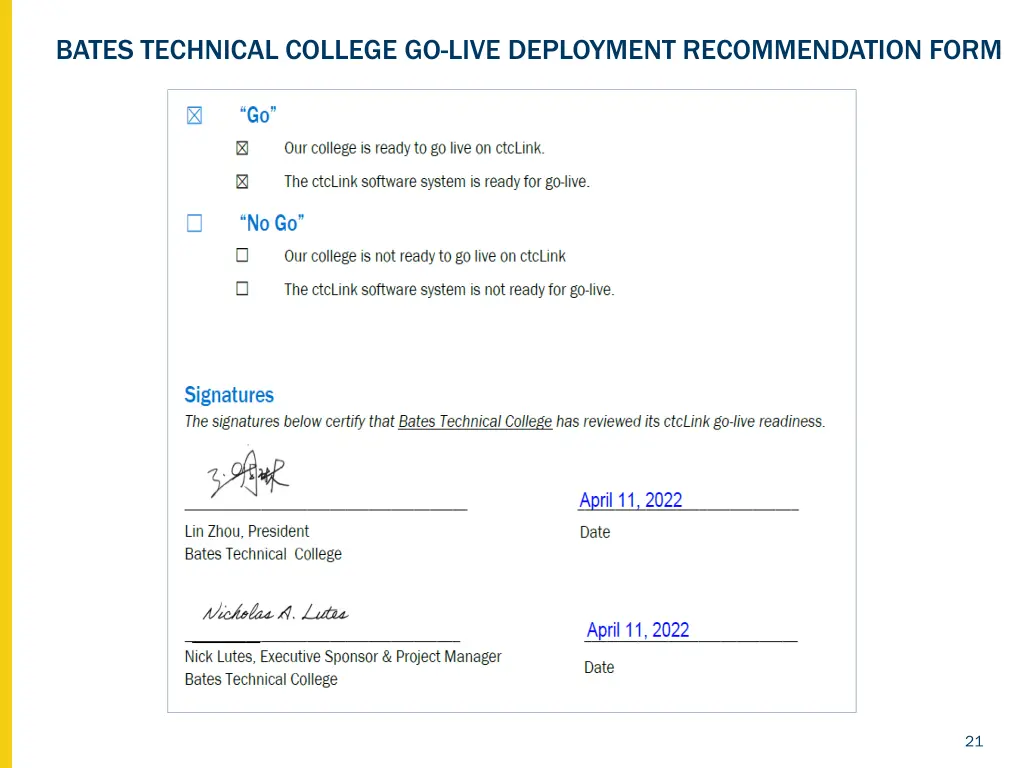 bates technical college go live deployment